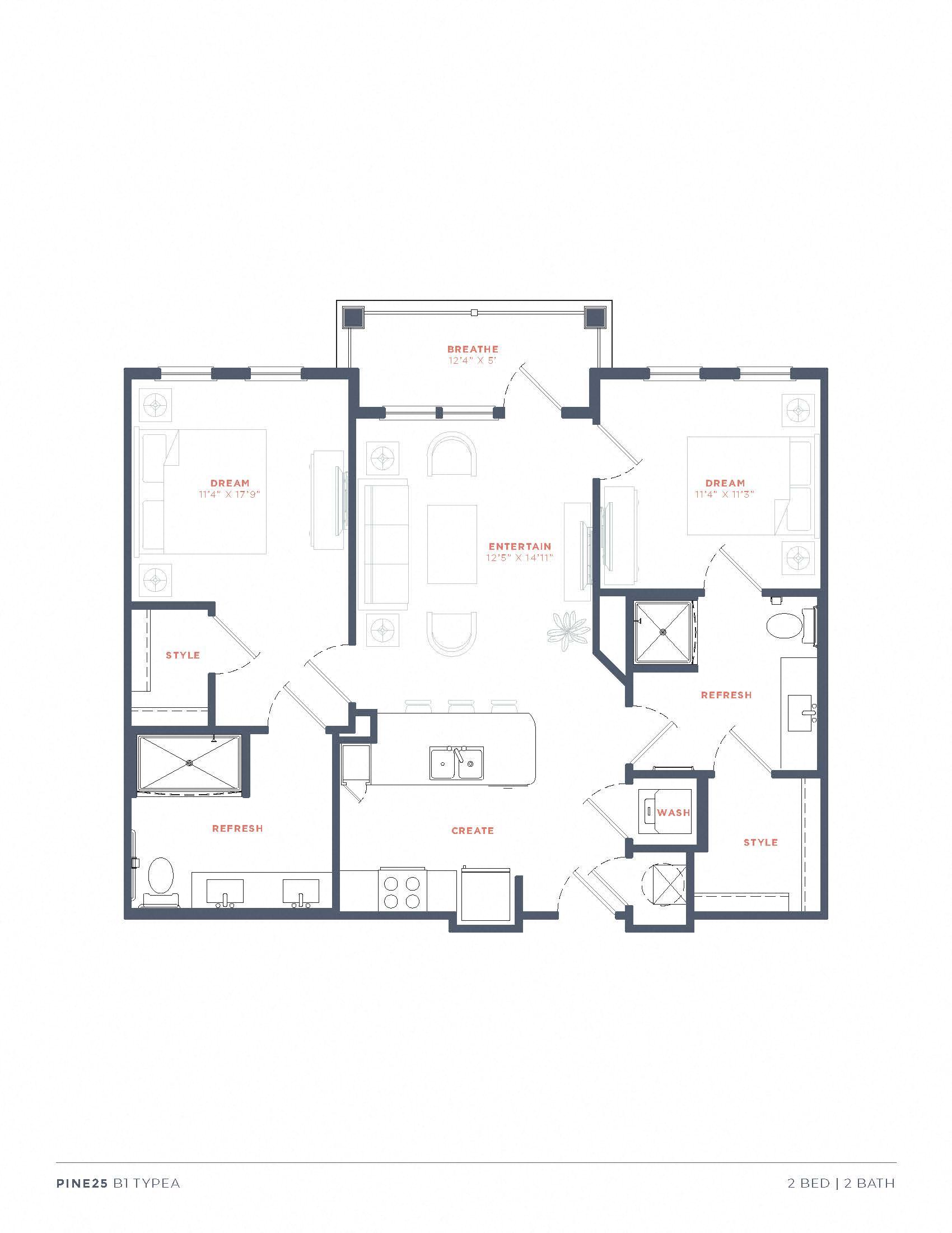 Floor plan for 2 beds, 2 baths, 984 sqft
