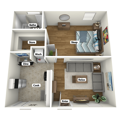 Floor plan for 1 bed, 1 bath, 600 sqft