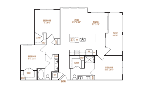 Floor plan for 3 beds, 2 baths, 1275 sqft