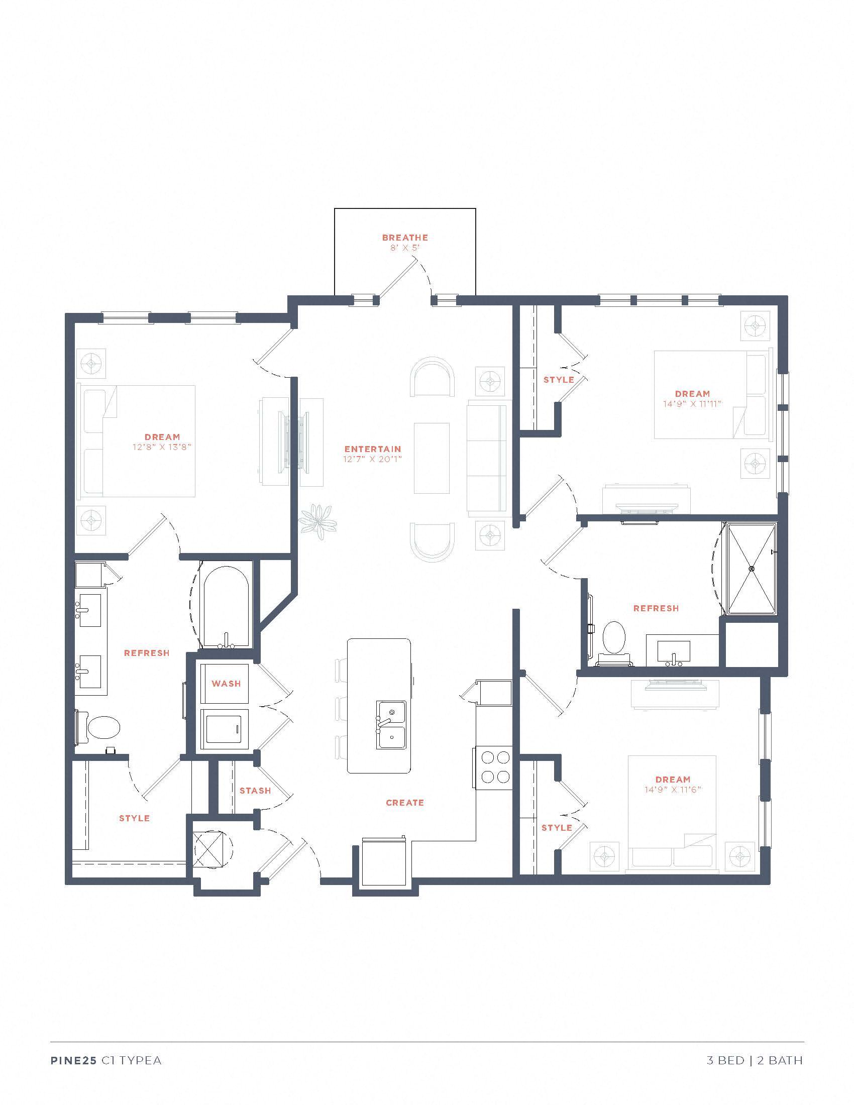 Floor plan for 3 beds, 2 baths, 1350 sqft