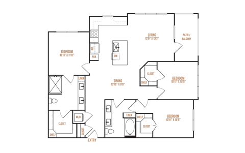 Floor plan for 3 beds, 2 baths, 1350 sqft