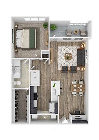 Floor plan for 1 bed, 1 bath, 713 sqft