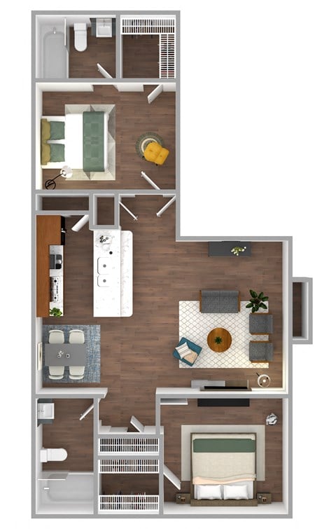 Floor plan for 2 beds, 2 baths, 950 sqft