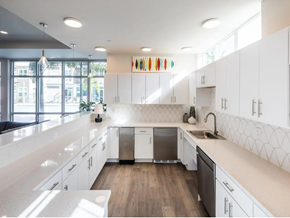 Tarpon Springs apartment for rent - a large white kitchen with white cabinets and a large window