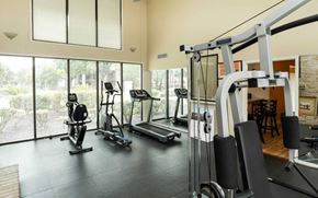 Houston apartment for rent - a gym with cardio equipment and large windows