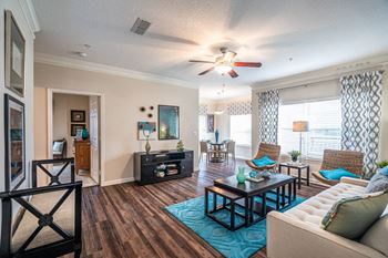 Distinctive wood-style flooring and plush carpeting