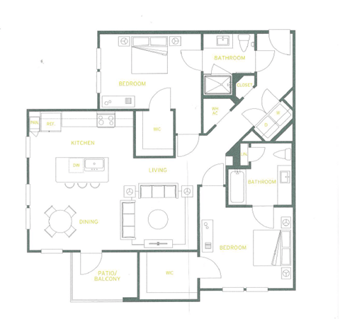 Floor plan for 2 beds, 2 baths, 1184 sqft