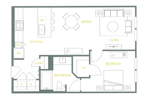 Floor plan for 1 bed, 1 bath, 754 sqft