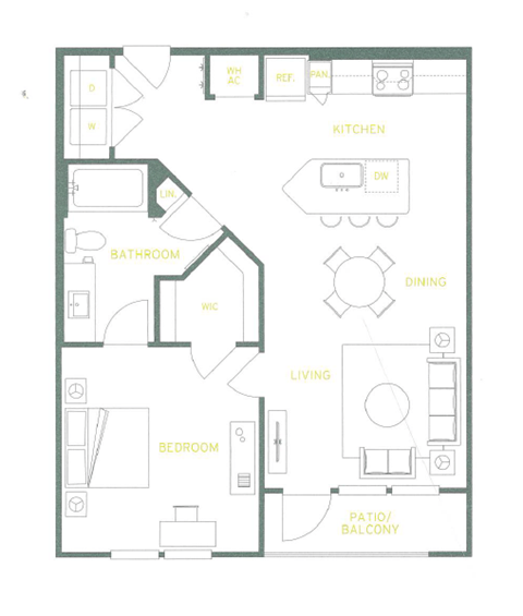Floor plan for 1 bed, 1 bath, 877 sqft