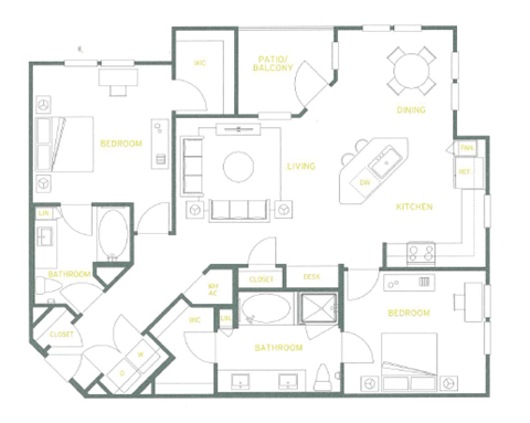 Floor plan for 2 beds, 2 baths, 1263 sqft