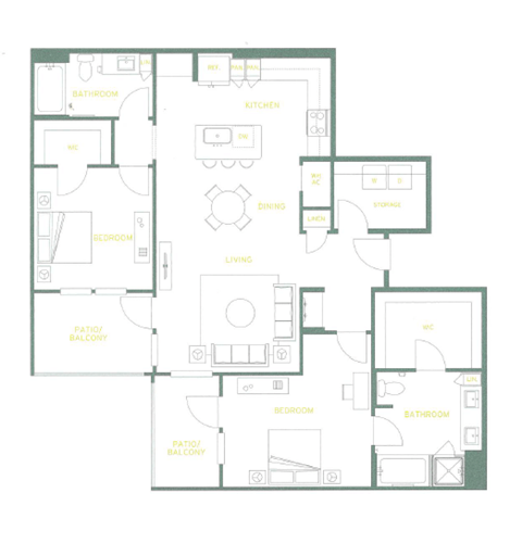Floor plan for 2 beds, 2 baths, 1316 sqft