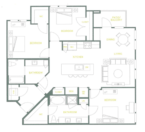 Floor plan for 3 beds, 2 baths, 1442 sqft