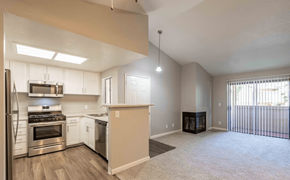 Rocklin apartment for rent - A spacious kitchen with stainless steel appliances and a large island.