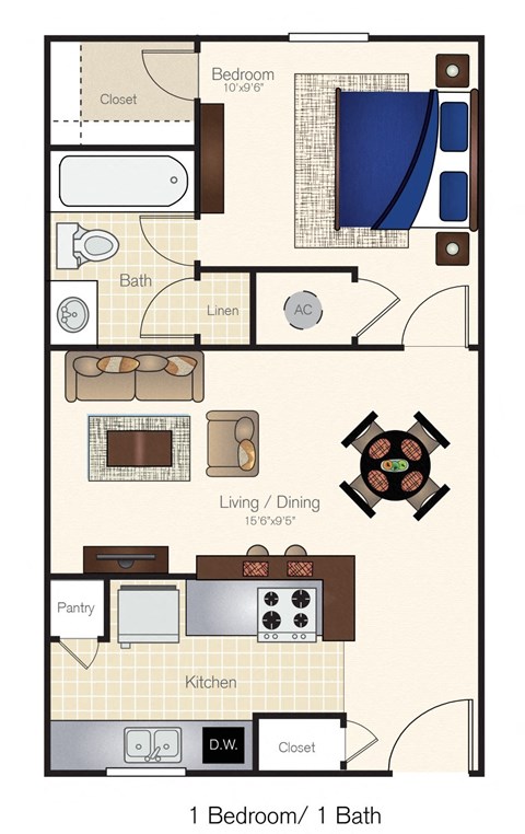 Floor plan for 1 bed, 1 bath, 480 sqft