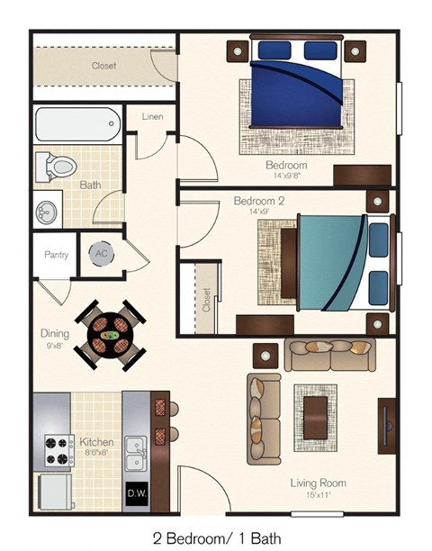 Floor plan for 2 beds, 1 bath, 724 sqft