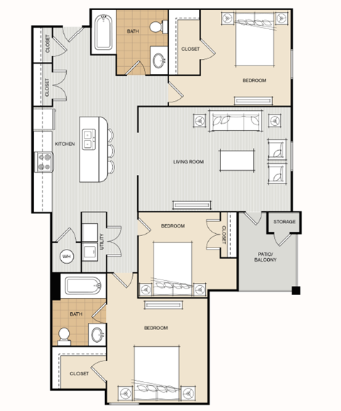 Floor plan for 3 beds, 2 baths, 1322 sqft