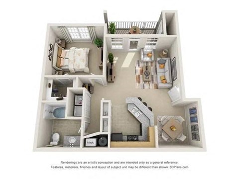 Floor plan for 1 bed, 1 bath, 865 sqft