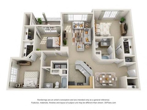 Floor plan for 3 beds, 2 baths, 1435 sqft