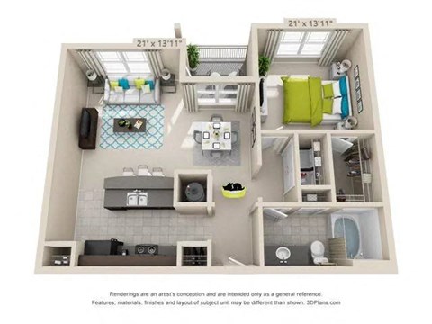 Floor plan for 1 bed, 1 bath, 873 sqft