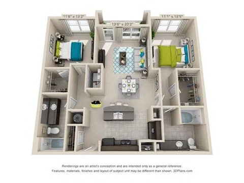 Floor plan for 2 beds, 2 baths, 1204 sqft