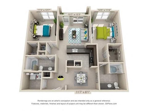 Floor plan for 2 beds, 2 baths, 1228 sqft