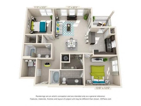 Floor plan for 2 beds, 2 baths, 1269 sqft