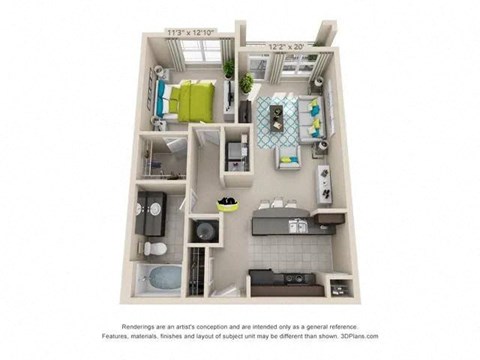 Floor plan for 1 bed, 1 bath, 848 sqft