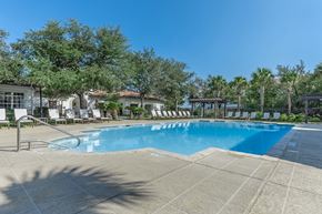 San Antonio apartment for rent - A large swimming pool surrounded by trees and lounge chairs.