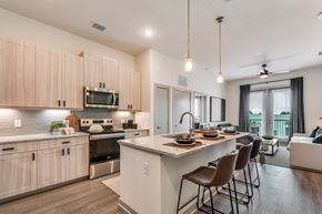 Fort Worth apartment for rent - A modern kitchen with wooden cabinets and a large island.