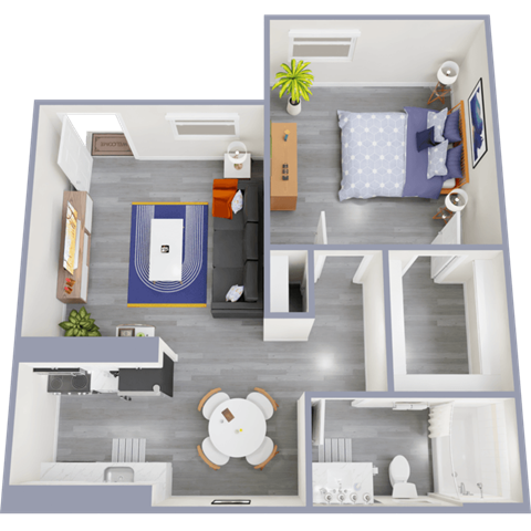 Floor plan for 1 bed, 1 bath, 604 sqft