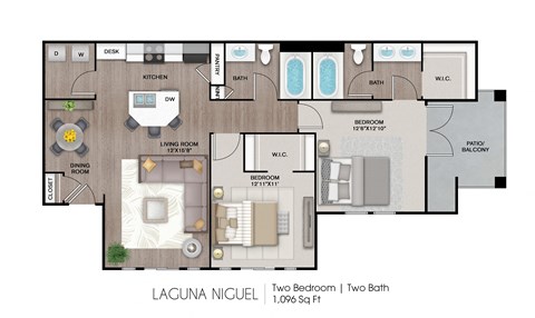 Floor plan for 2 beds, 2 baths, 1096 sqft