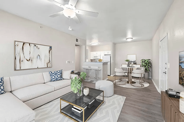 San Antonio apartment for rent - A living room with a white couch and a coffee table.