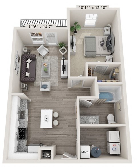Floor plan for 1 bed, 1 bath, 756 sqft