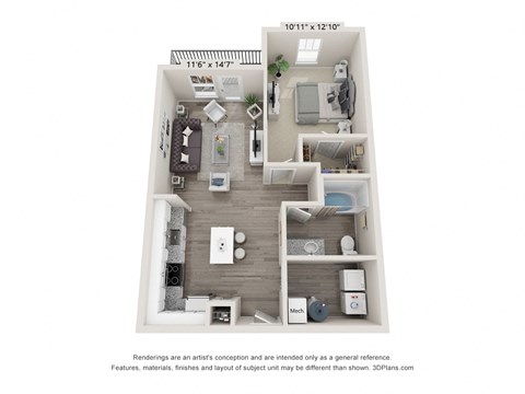 Floor plan for 1 bed, 1 bath, 756 sqft