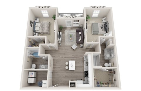 Floor plan for 2 beds, 2 baths, 1236 sqft