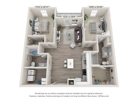 Floor plan for 2 beds, 2 baths, 1176 sqft