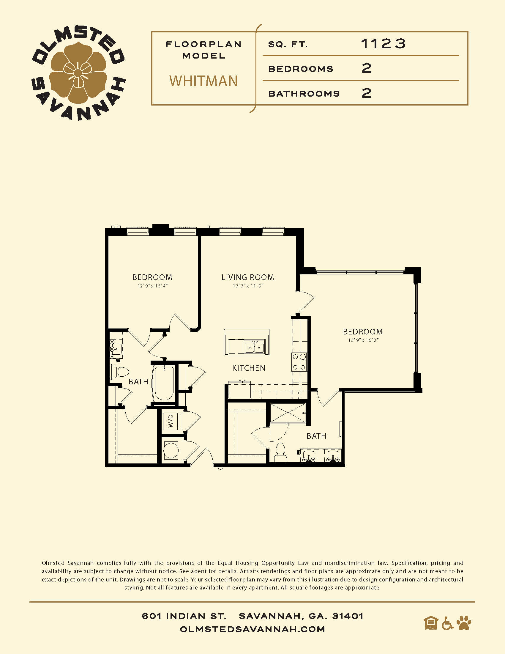 Floor plan for 2 beds, 2 baths, 1123 sqft