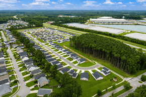 Pooler apartment for rent - A bird's eye view of a residential area with houses and a large building in the distance.