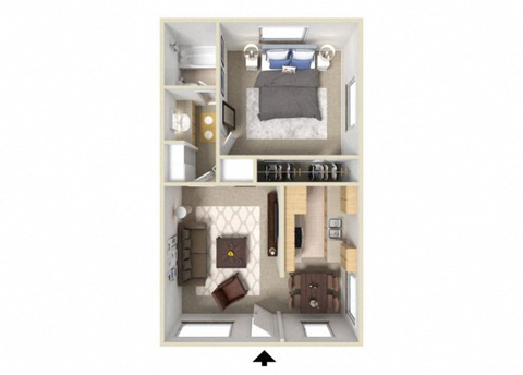 Floor plan for 1 bed, 1 bath, 625 sqft