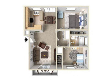 Floor plan for 2 beds, 1 bath, 900 sqft