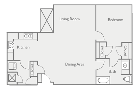 Floor plan for 1 bed, 1 bath, 1103 sqft