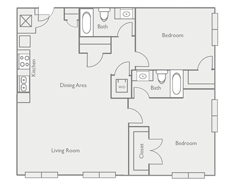 Floor plan for 2 beds, 2 baths, 1279 sqft