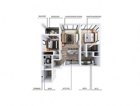 Floor plan for 2 beds, 2 baths, 1020 sqft
