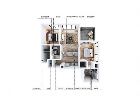 Floor plan for 2 beds, 2 baths, 1020 sqft