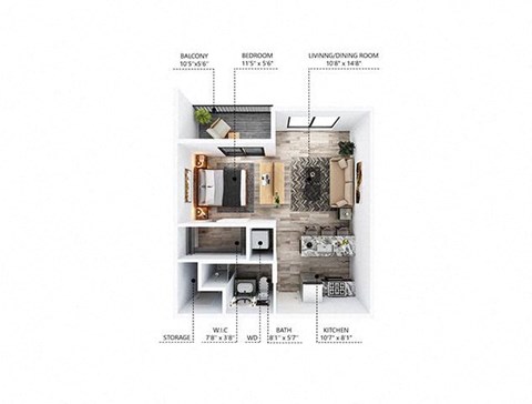Floor plan for studio, 1 bath, 600 sqft