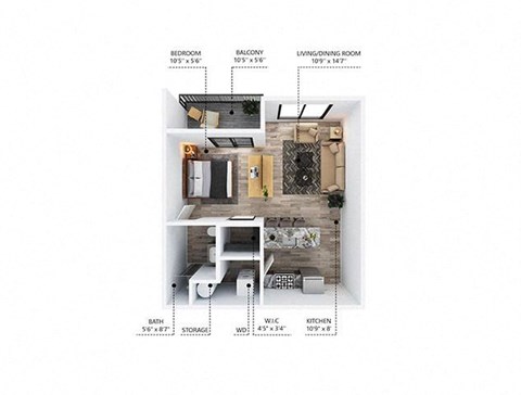 Floor plan for studio, 1 bath, 600 sqft
