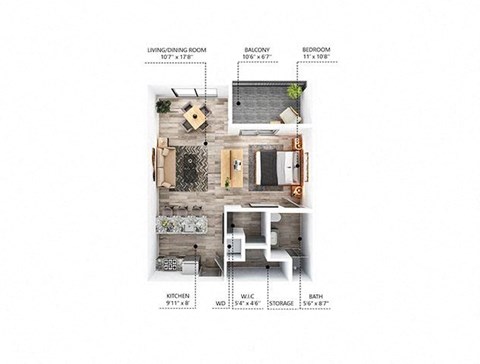 Floor plan for studio, 1 bath, 660 sqft