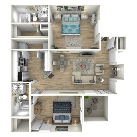 Floor plan for 2 beds, 2 baths, 970 sqft