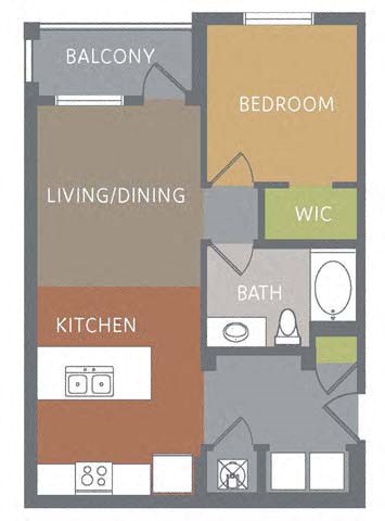Floor plan for 1 bed, 1 bath, 678 sqft