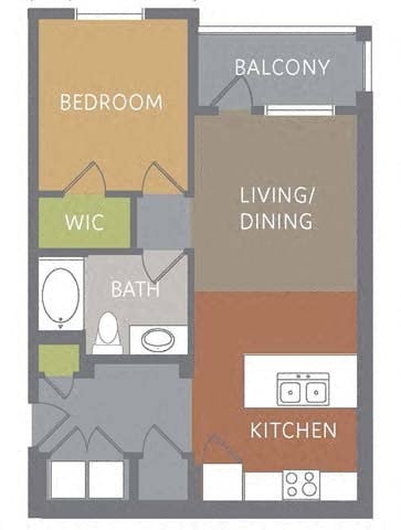 Floor plan for 1 bed, 1 bath, 689 sqft